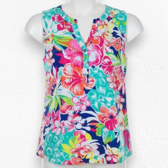 Caribbean Joe Multicolor Sleeveless Tropical Print V Neck Blouse Size Medium - Picture 1 of 7